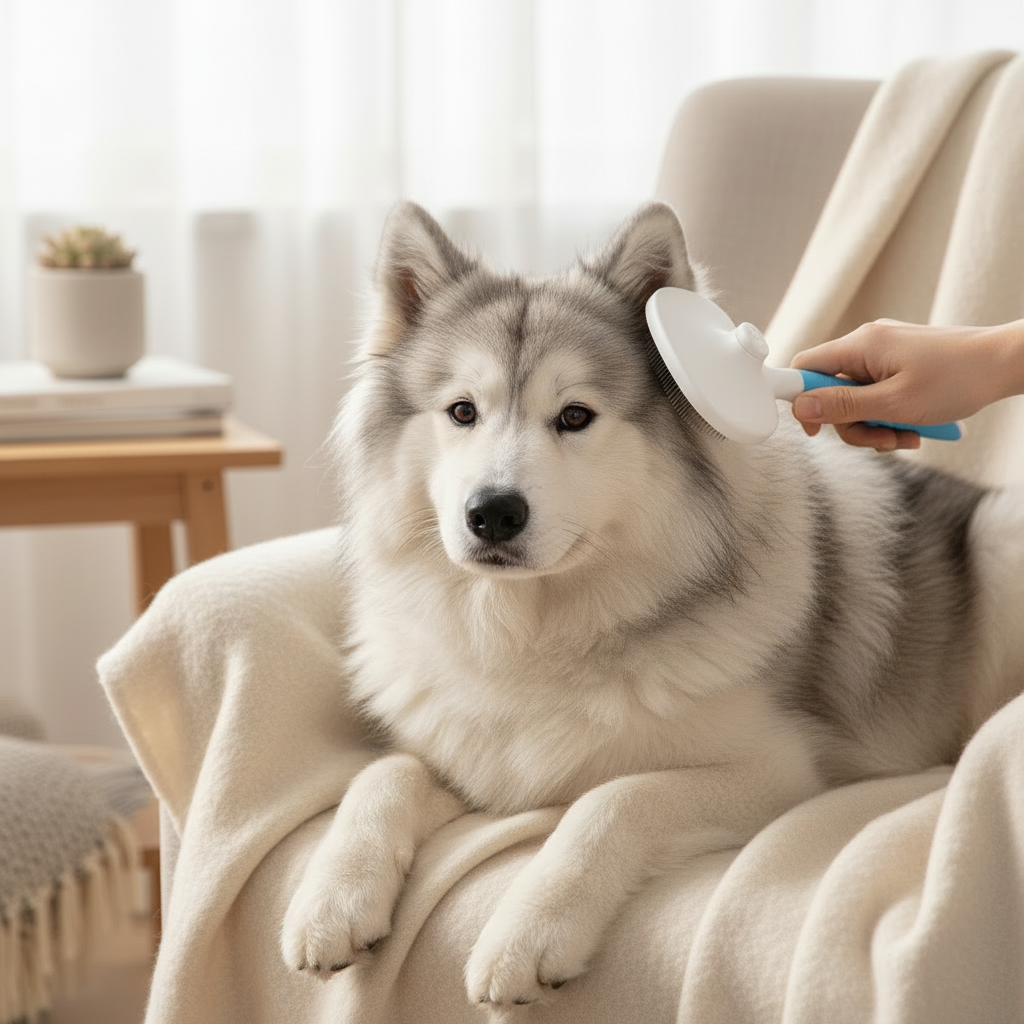 Grey dog grooming close-up